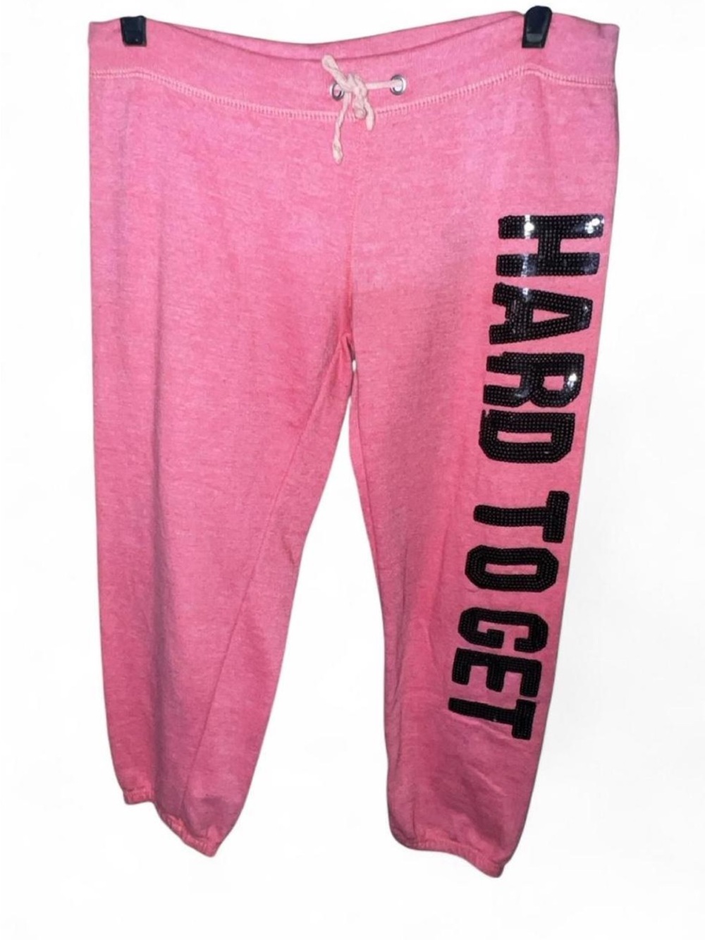Sweet Choice Black Sequin 'HARD TO GET' Salmon Pink Capri Joggers size L *read - Picture 2 of 5